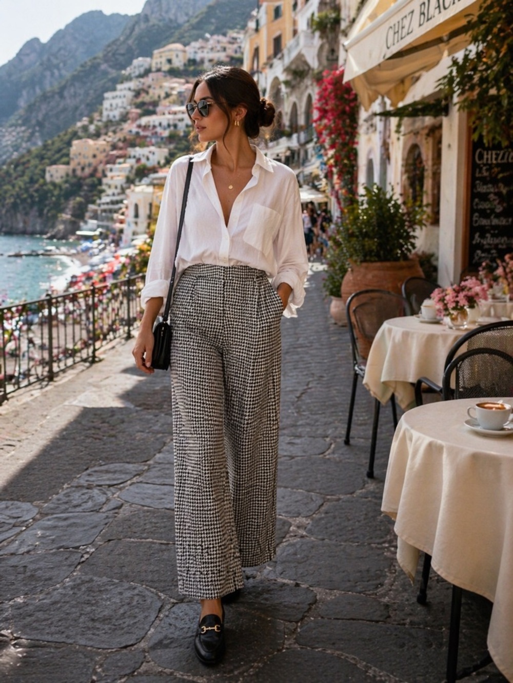Zara Houndstooth Wide Leg Pants XS Black White High Waist Chic Euro Style